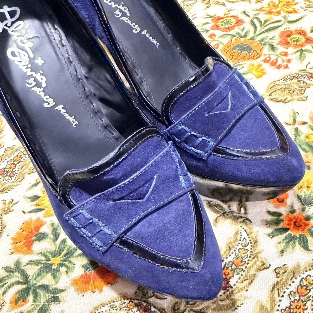 Alice + Olivia Navy Suede Loafer Wedge Platform Heels Pointed Toe 39.5 Brazil